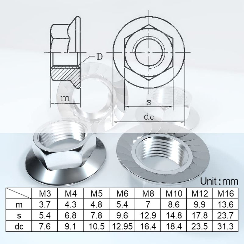 ROARADE M12x1.75 304 Lock Flange Nut Hex 304 Stainless Steel Types Serrated and Flat (M12x1.75 304 Lock Nut 8 PCS) - Image 2